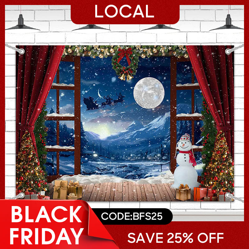 Lofaris (7 Day Delivery) Red Curtain Snowy Window Night Christmas Backdrop