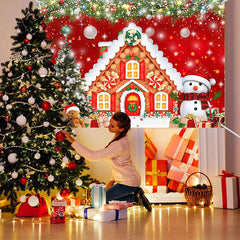 Lofaris (7 Day Delivery) Red Festive Christmas Gingerbread House Backdrop