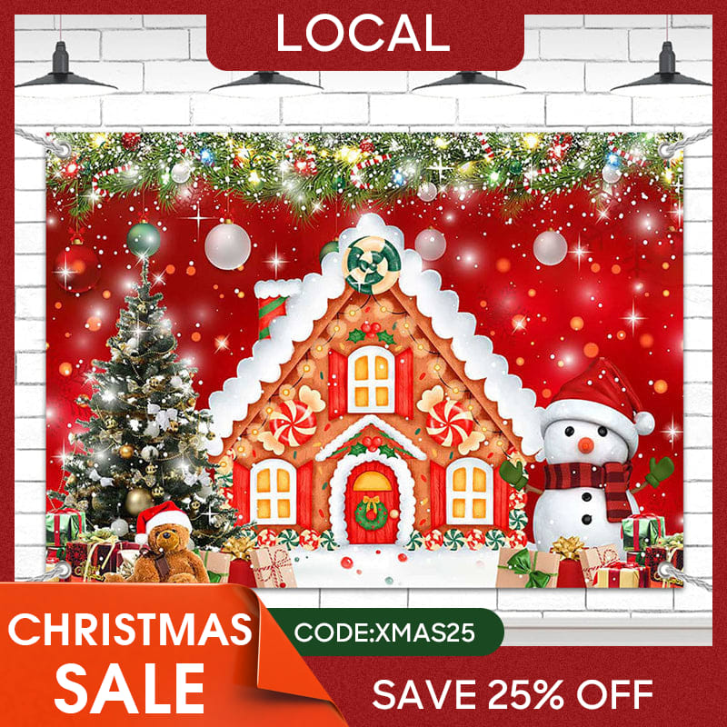 Lofaris (7 Day Delivery) Red Festive Christmas Gingerbread House Backdrop