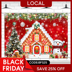 Lofaris (7 Day Delivery) Red Festive Christmas Gingerbread House Backdrop