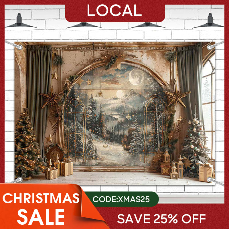 Lofaris (7 Day Delivery) Retro Snowy Forest Mural Wall Christmas Vibe Backdrop