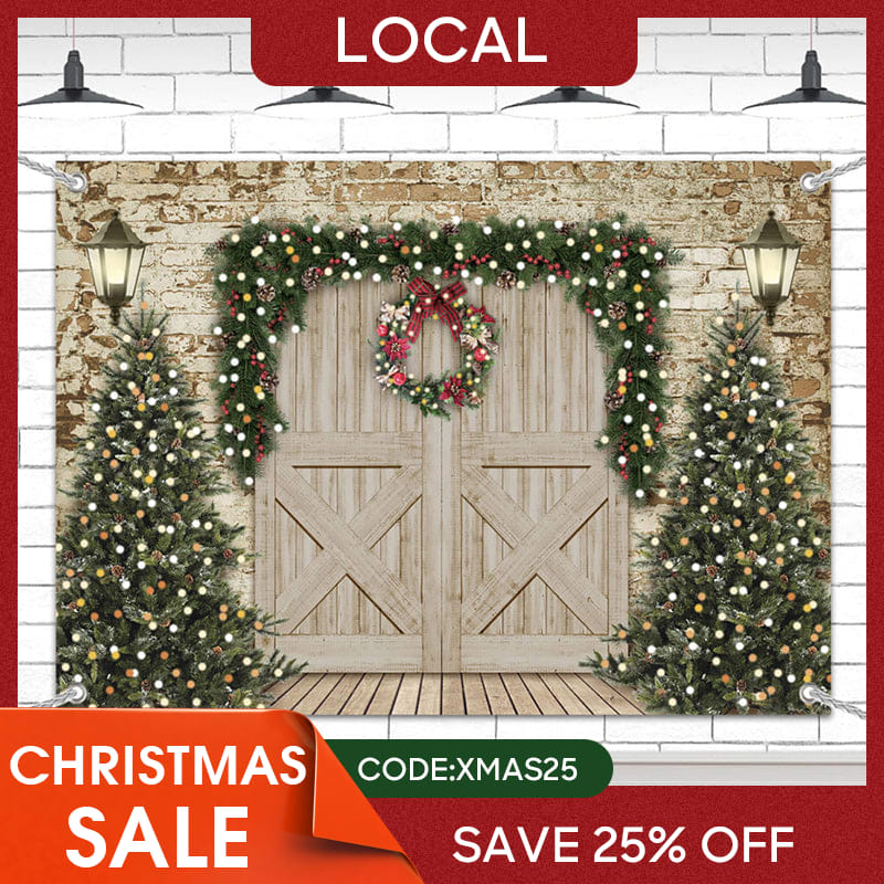 Lofaris (7 Day Delivery) Retro Wooden Beige Door Tree Christmas Vibe Backdrop