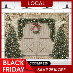 Lofaris (7 Day Delivery) Retro Wooden Beige Door Tree Christmas Vibe Backdrop