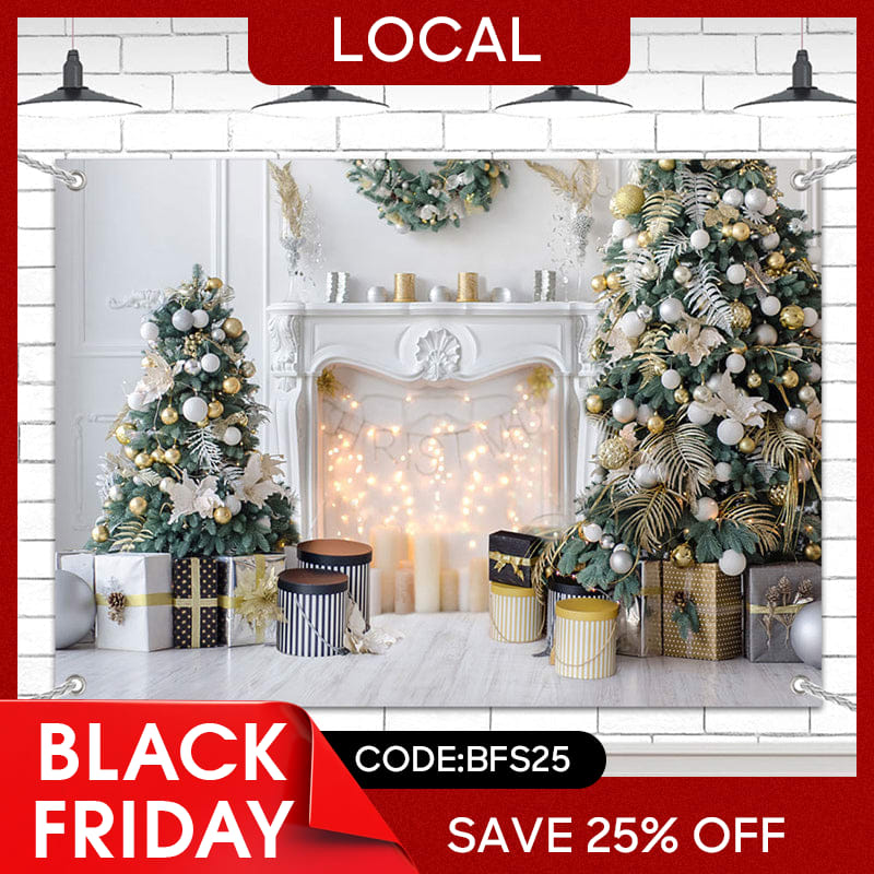 Lofaris (7 Day Delivery) White Indoor Scene Christmas Fireplace Tree Backdrop