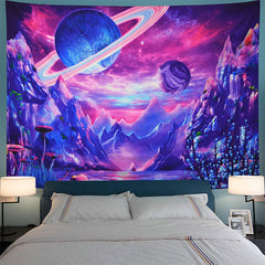 (Ship In 24HR) UV Blacklight Mushroom Planet Tapestry for Living Room Decor