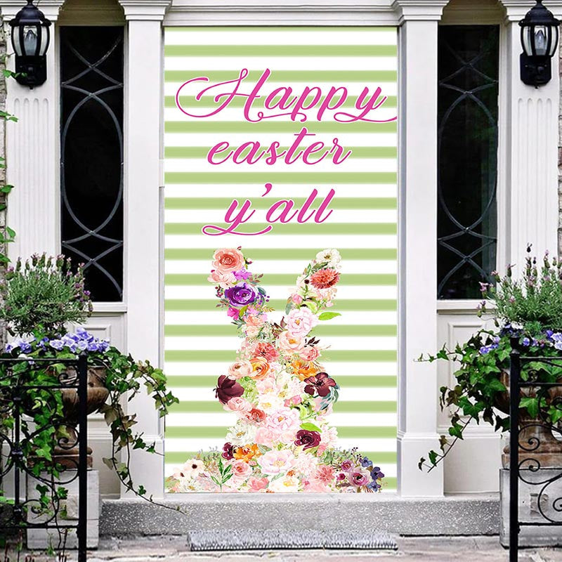 Lofaris Variant Flower Rabbit Green Stripe Easter Door Cover