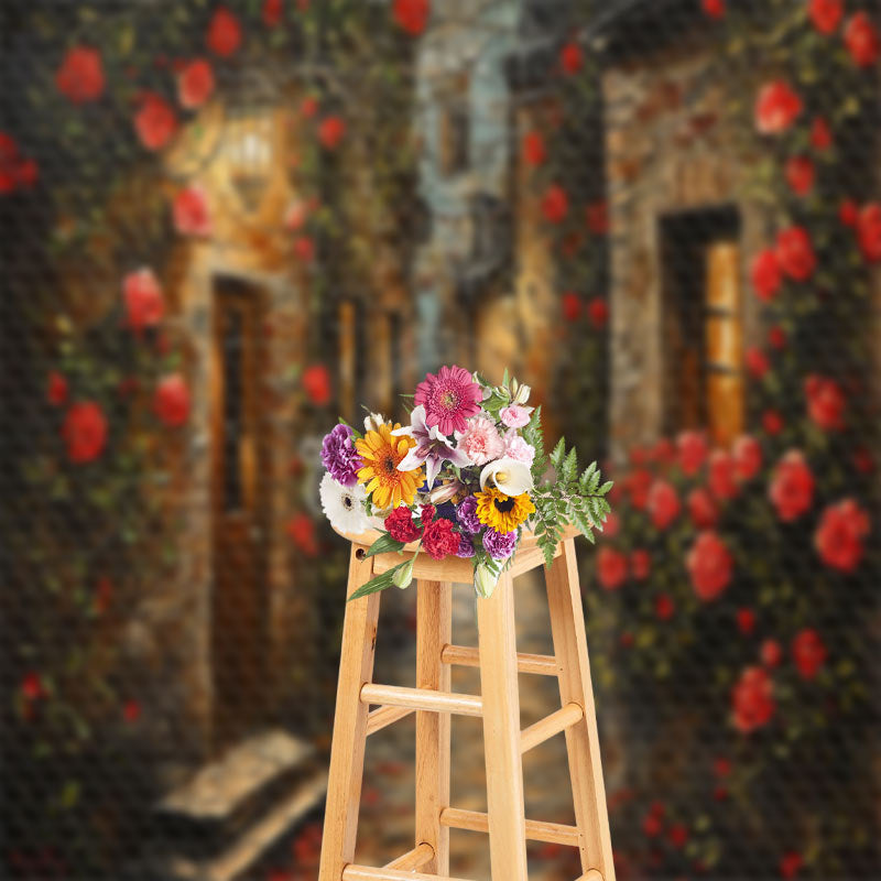 Lofaris Vintage Alley Red Rose Leaves Valentines Day Backdrop
