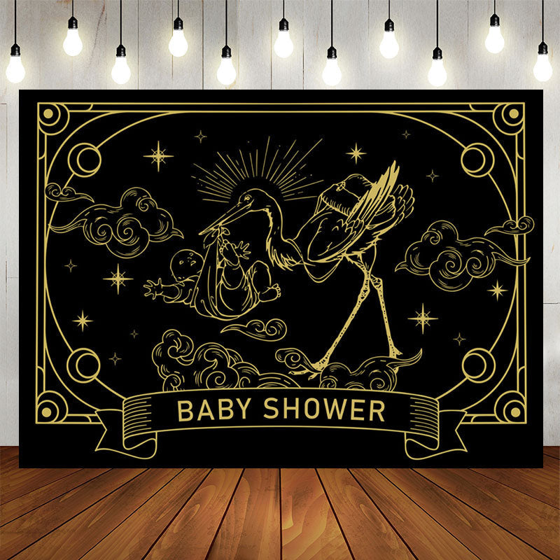 Lofaris Vintage Black Gold Crane Cloud Baby Shower Backdrop
