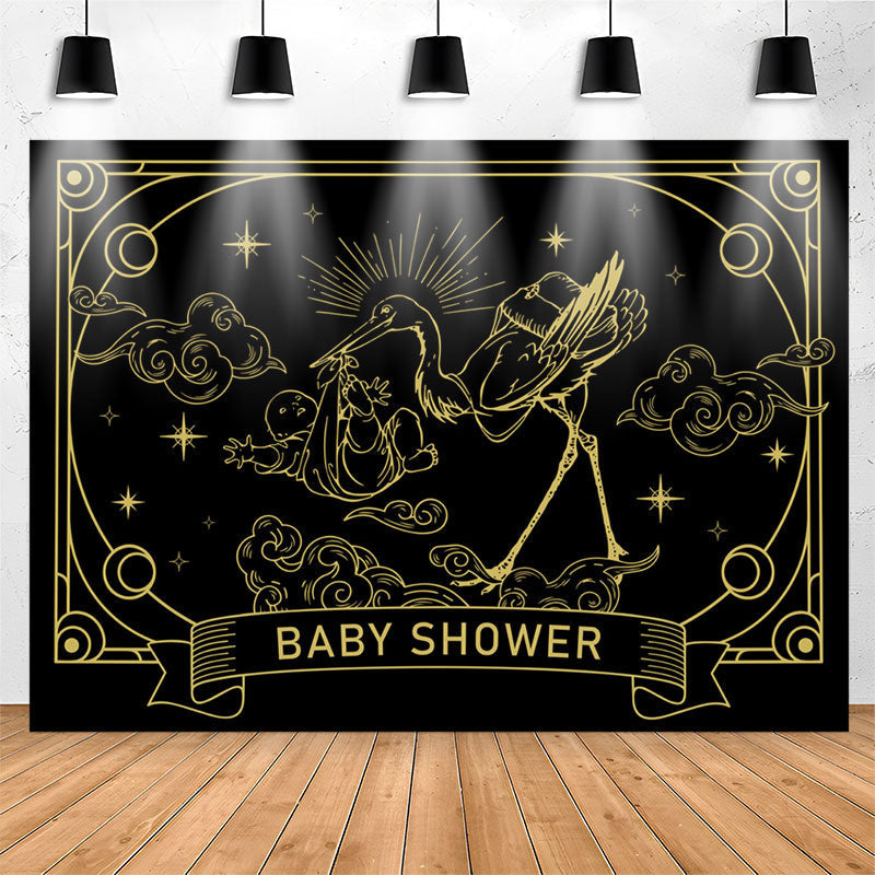 Lofaris Vintage Black Gold Crane Cloud Baby Shower Backdrop