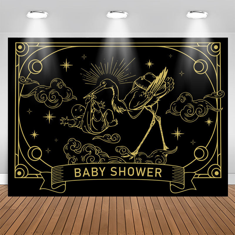 Lofaris Vintage Black Gold Crane Cloud Baby Shower Backdrop