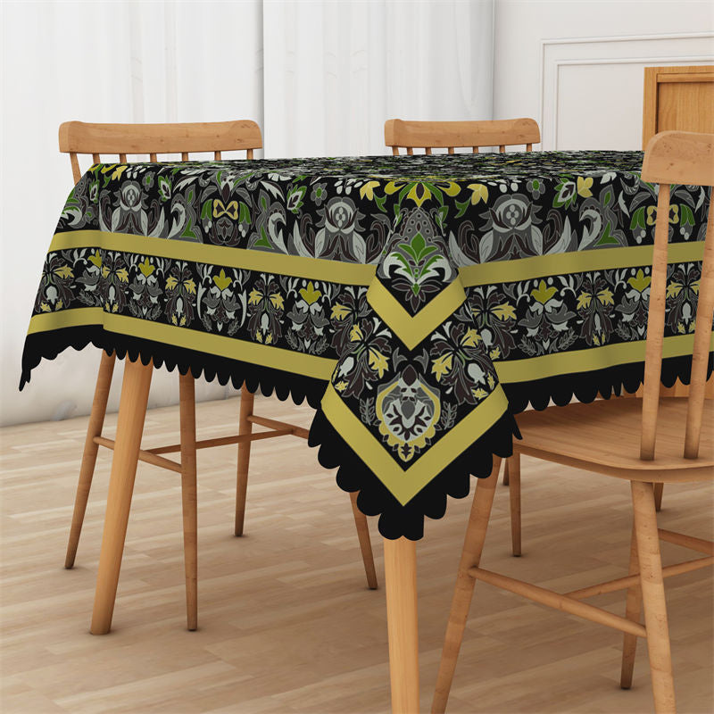 Lofaris Vintage Floral Boho Green Black Rectangle Tablecloth