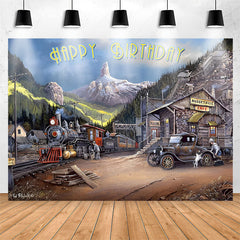 Lofaris Vintage Mountain Train Car Happy Birthday Backdrop