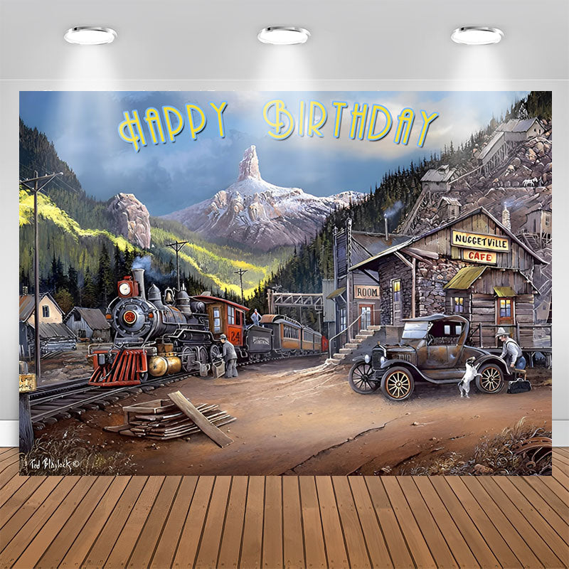 Lofaris Vintage Mountain Train Car Happy Birthday Backdrop