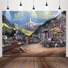 Lofaris Vintage Mountain Train Car Happy Birthday Backdrop