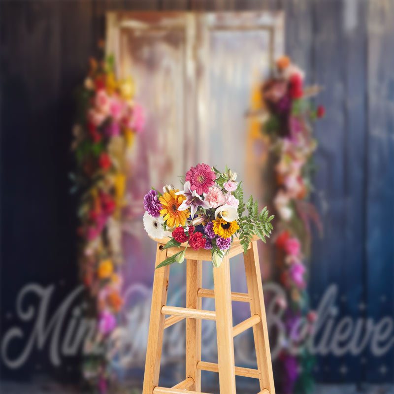 Lofaris Vintage Rainbow Floral Door Grey Wood Wall Backdrop