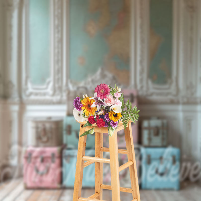 Lofaris Vintage White Wall Luggage Spring Photo Backdrop