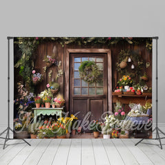 Lofaris Vintage Wood Door Green Leaf Floral Spring Backdrop