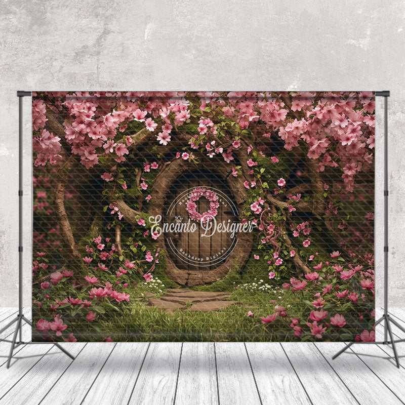 Lofaris Vintage Wooden Door Pink Flowers Tree Photo Backdrop