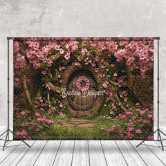 Lofaris Vintage Wooden Door Pink Flowers Tree Photo Backdrop