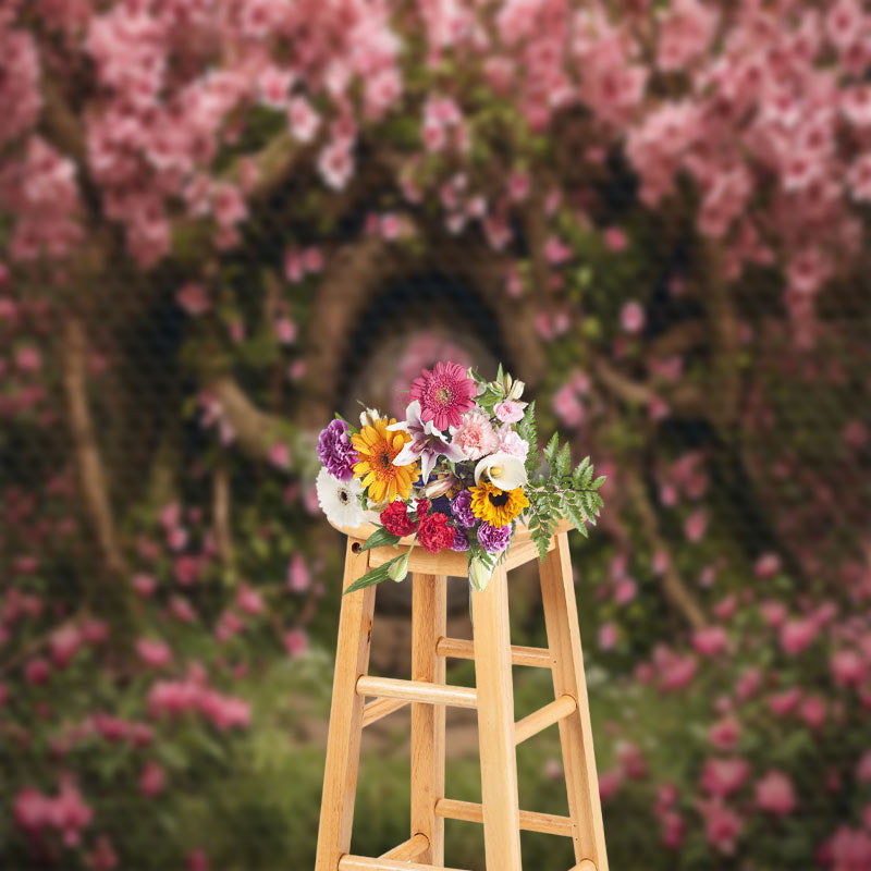 Lofaris Vintage Wooden Door Pink Flowers Tree Photo Backdrop