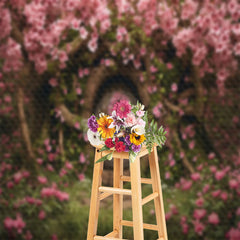 Lofaris Vintage Wooden Door Pink Flowers Tree Photo Backdrop