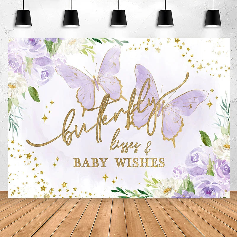 Lofaris Violet Butterfly kisses Wishes Baby Shower Backdrop