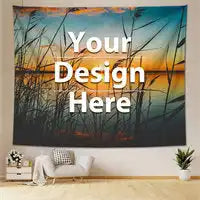 Wall tapestry with placeholder text ’Your Design Here’ overlaid on a sunset scene with silhouetted reeds.