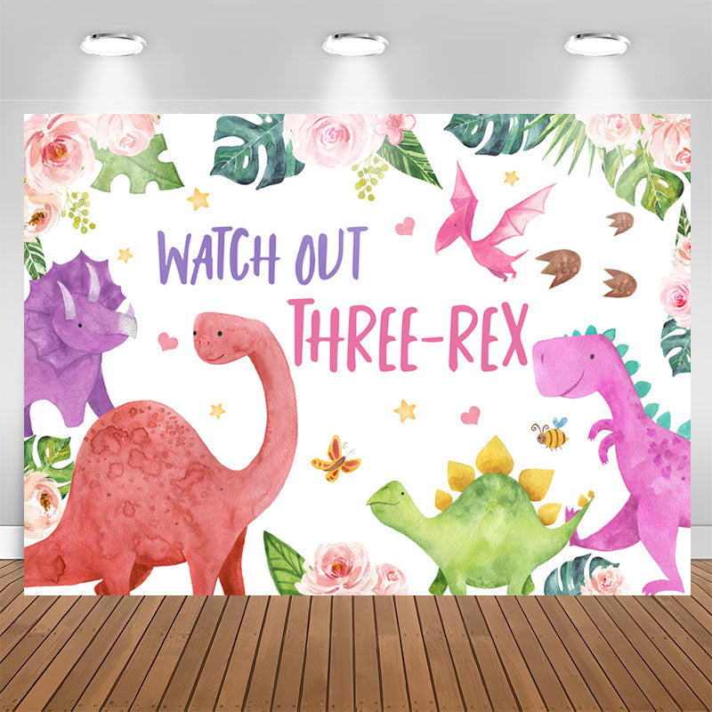 Lofaris Watch Out Three-Rex Floral 3rd Birthday Backdrop