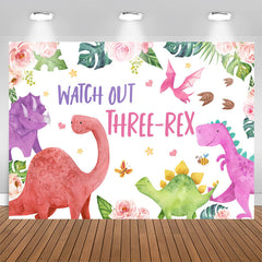 Lofaris Watch Out Three-Rex Floral 3rd Birthday Backdrop