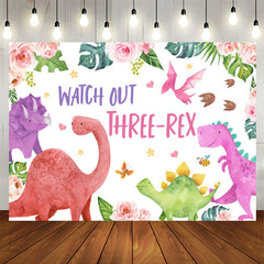 Lofaris Watch Out Three-Rex Floral 3rd Birthday Backdrop