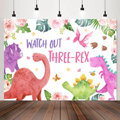 Lofaris Watch Out Three-Rex Floral 3rd Birthday Backdrop