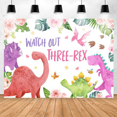 Lofaris Watch Out Three-Rex Floral 3rd Birthday Backdrop