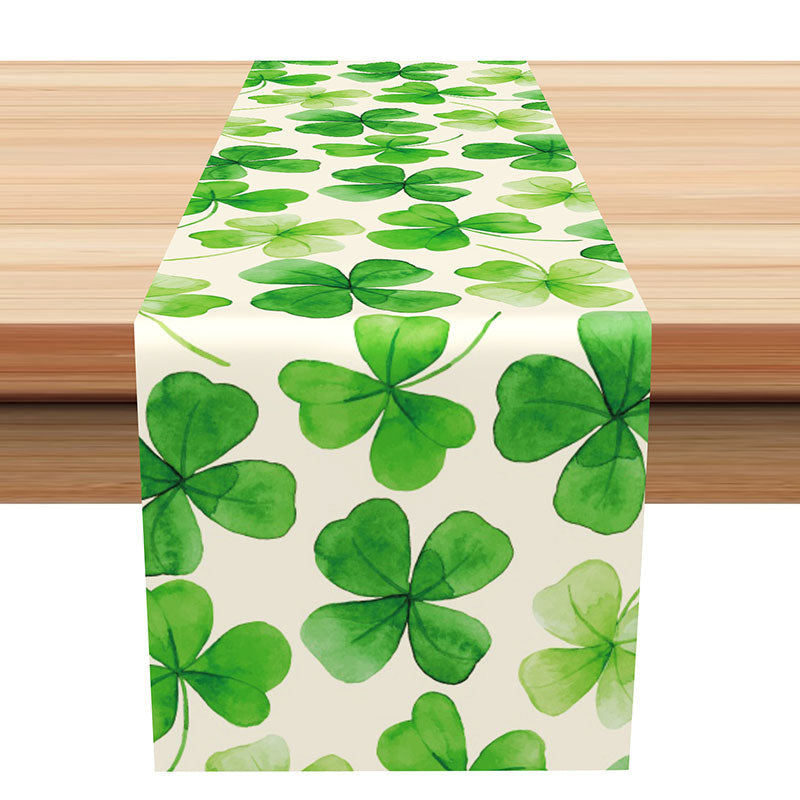 Lofaris Watercolor Green Clovers White Spring Table Runner