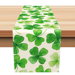 Lofaris Watercolor Green Clovers White Spring Table Runner