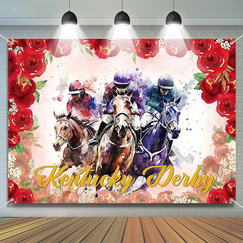 Lofaris Watercolor Red Roses Horse Kentucky Backdrop