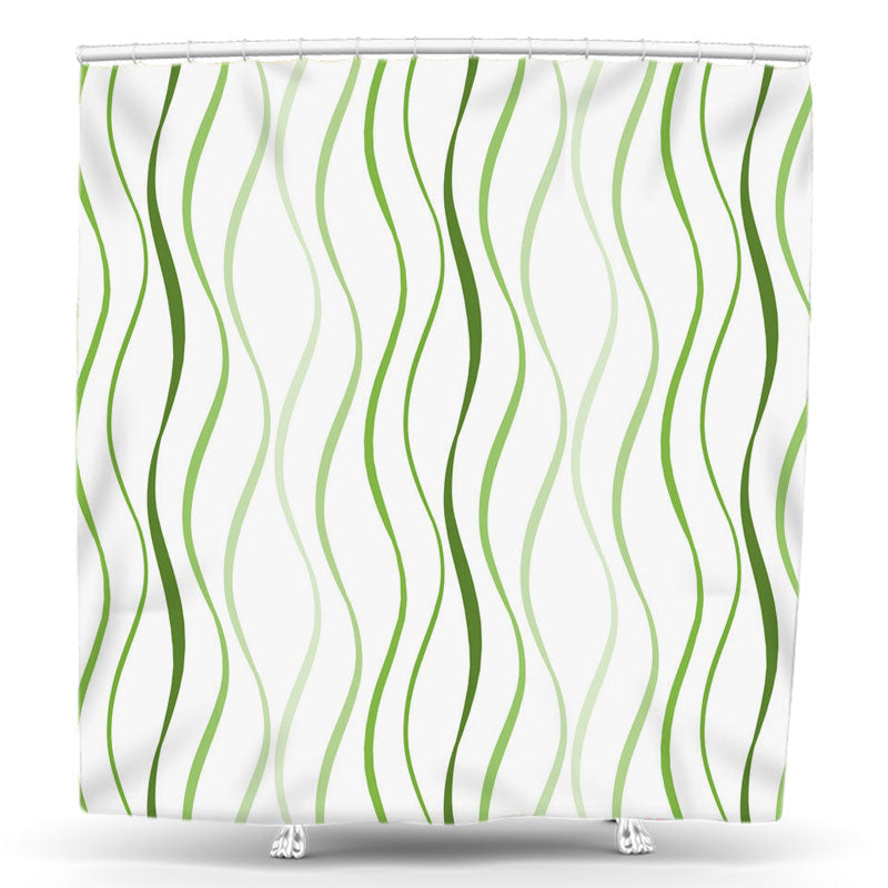 Lofaris Wave Lines Green White Shower Curtain For Bathtub