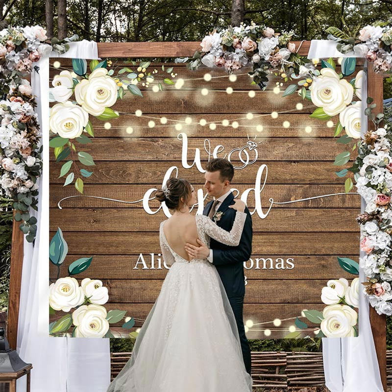Lofaris We Eloped White Rose Country Wooden Wedding Backdrop