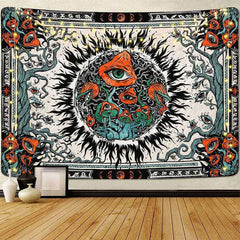 Lofaris Weird Burning Sun Eye Mushroom Mandala Tapestry
