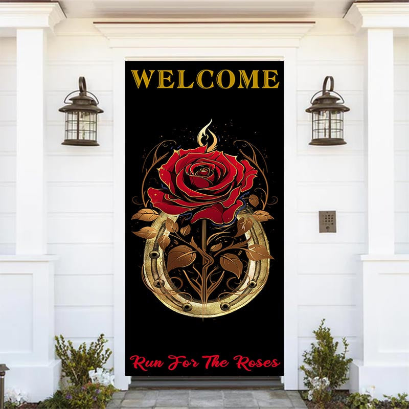 Lofaris Welcome Gold Horseshoes Red Rose Black Door Cover