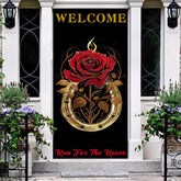 Lofaris Welcome Gold Horseshoes Red Rose Black Door Cover