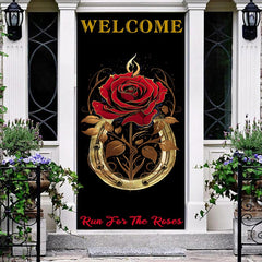 Lofaris Welcome Gold Horseshoes Red Rose Black Door Cover