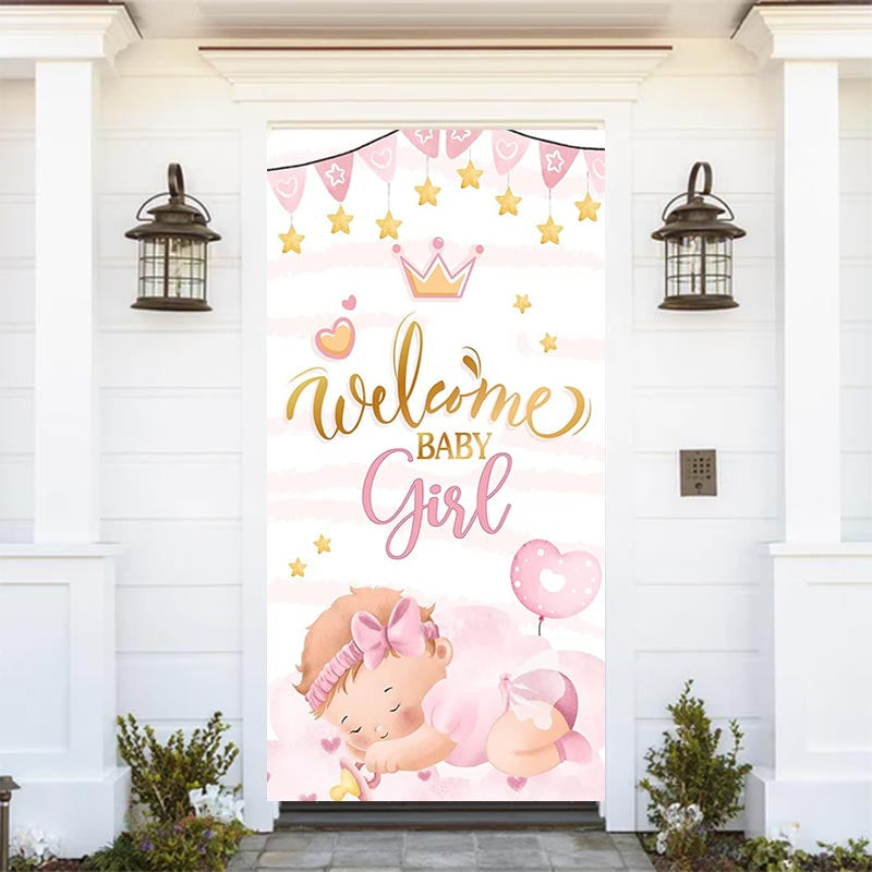Lofaris Welcome Pink Sleeping Girl Baby Shower Door Cover