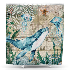 Lofaris Whale Sea Plant Jellyfish World Map Shower Curtain