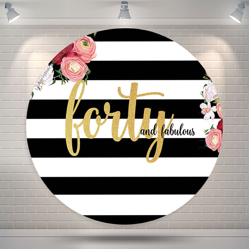 Lofaris White Black Stripes Floral Round Birthday Backdrop