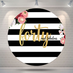 Lofaris White Black Stripes Floral Round Birthday Backdrop