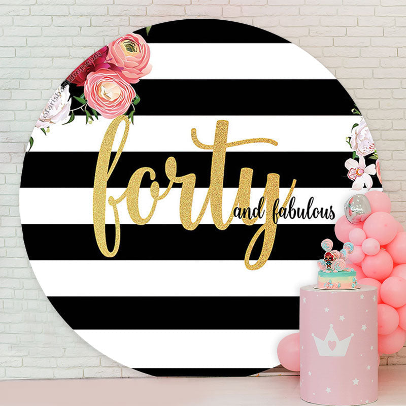 Lofaris White Black Stripes Floral Round Birthday Backdrop