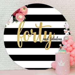 Lofaris White Black Stripes Floral Round Birthday Backdrop