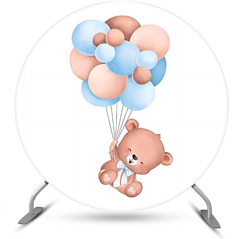 Lofaris White Blue Bear Balloon Round Baby Shower Backdrop