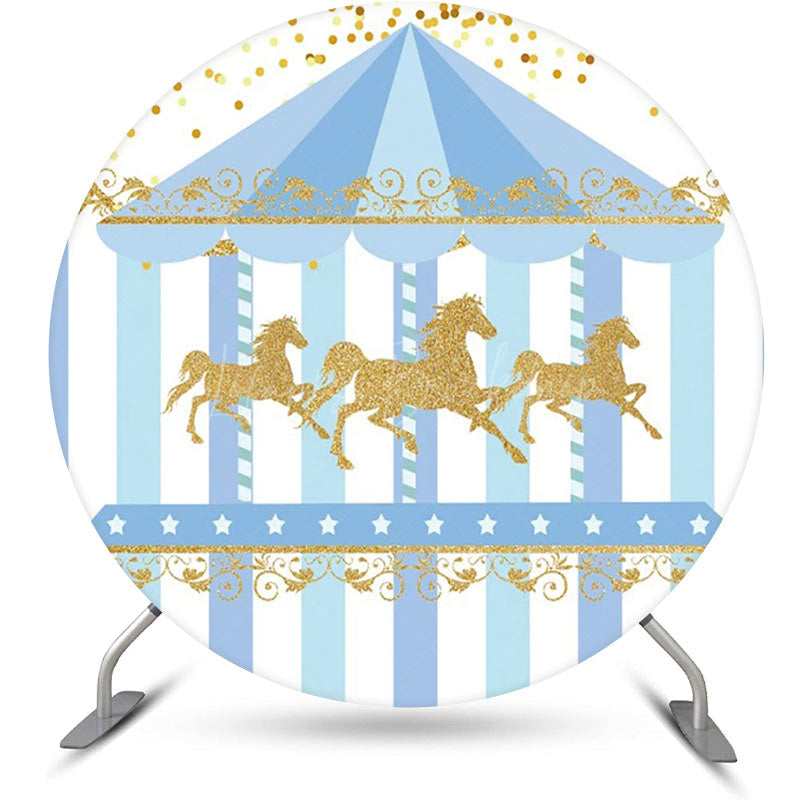 Lofaris White Blue Gold Carousel Circus Round Party Backdrop