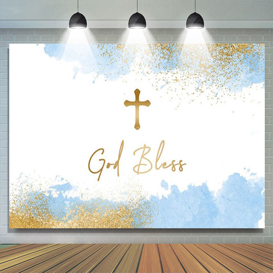 Lofaris White Blue Gold Cross God Bless Baptism Backdrop